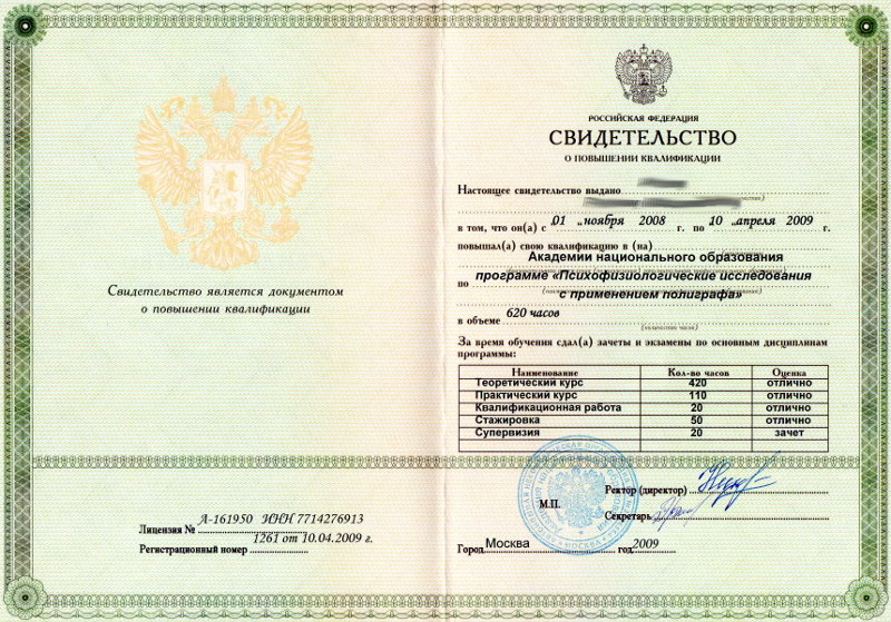 Сертификат №1 полиграфолога в Москве
