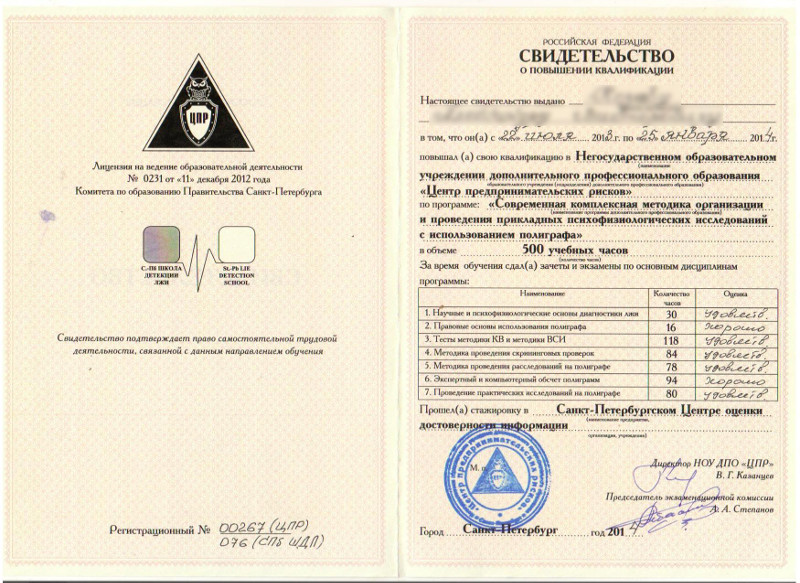 Сертификат №1 полиграфолога в Нижнем Новгороде